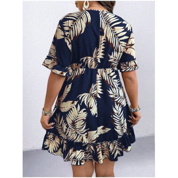 NEW Shein Holidaya Plus Floral Print Tie Front Plunging Neck Dress Navy Blue 0XL - Picture 4 of 5